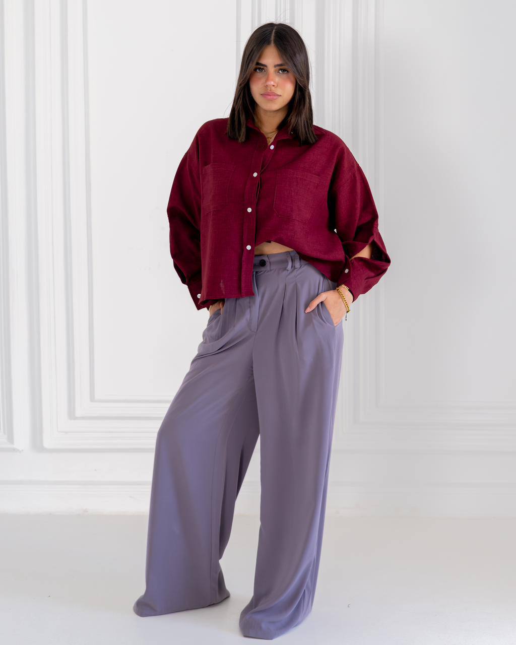 Cropped Linen Shirt – Burgundy Red