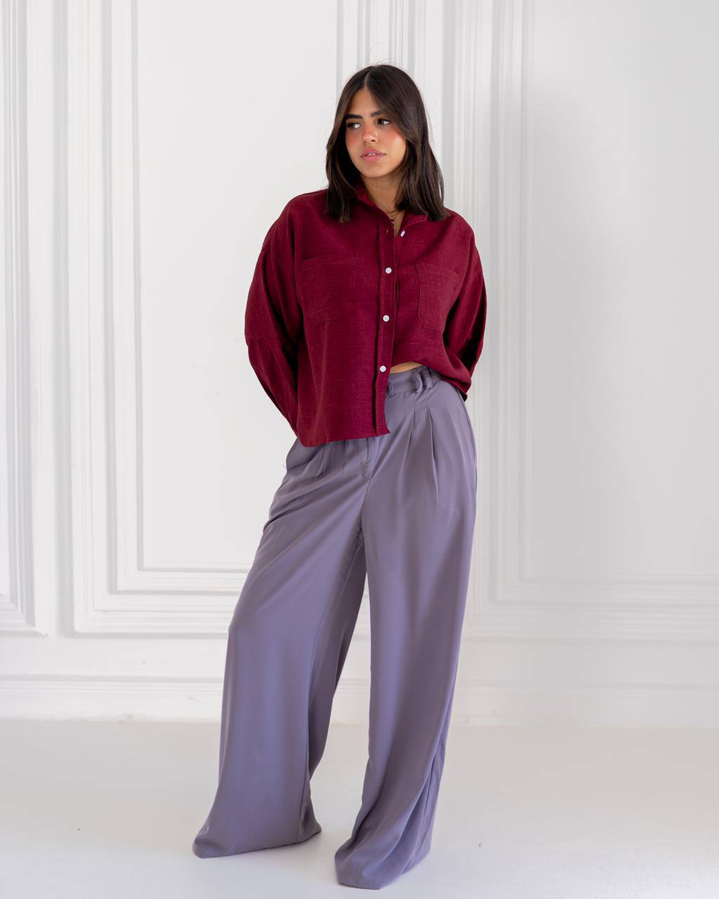 Cropped Linen Shirt – Burgundy Red