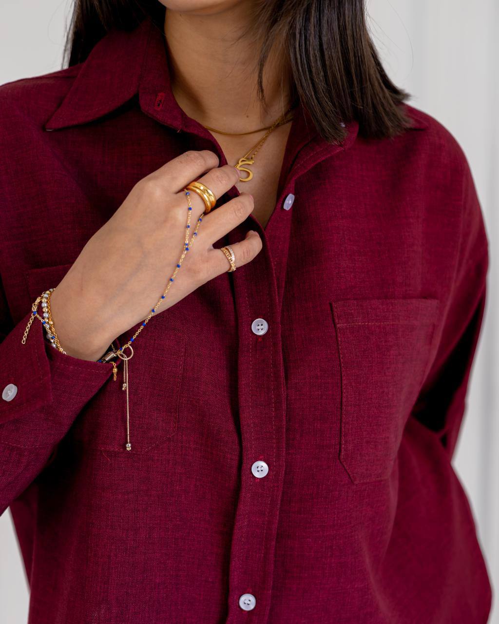 Cropped Linen Shirt – Burgundy Red